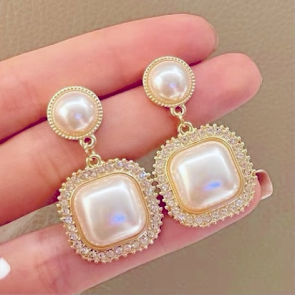 ❣️$25/3❣️ Elegant Wedding Square Pearl Rhinestones Earrings - Picture 7 of 10
